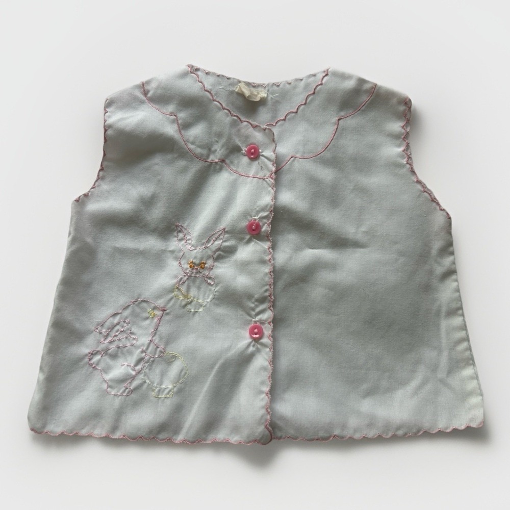 Vintage 60s Retro White Embroidered Bunnies Baby Diaper Shirt Baby Girl Vest